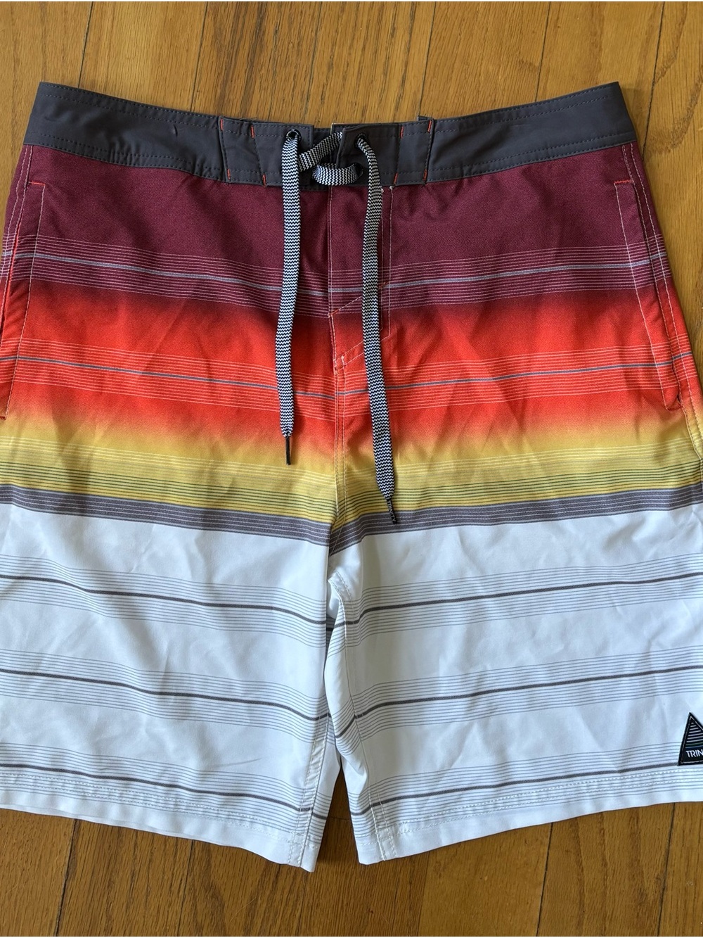 Trinity Ombre Stripe Board Shorts in Maroon, Red, Yellow, White